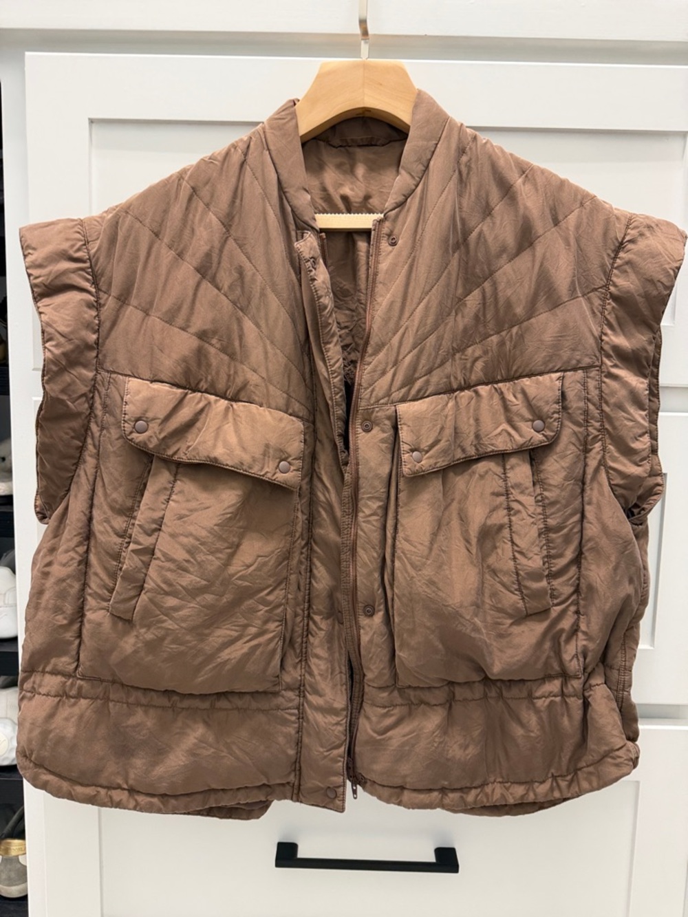 Brown Oversized Quilted Vest with Pockets